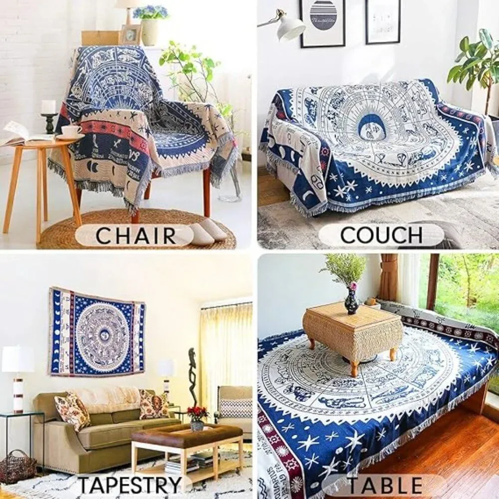 Zodiac Throw Blanket Woven Reversible Cotton Tapestry Celestial Blue